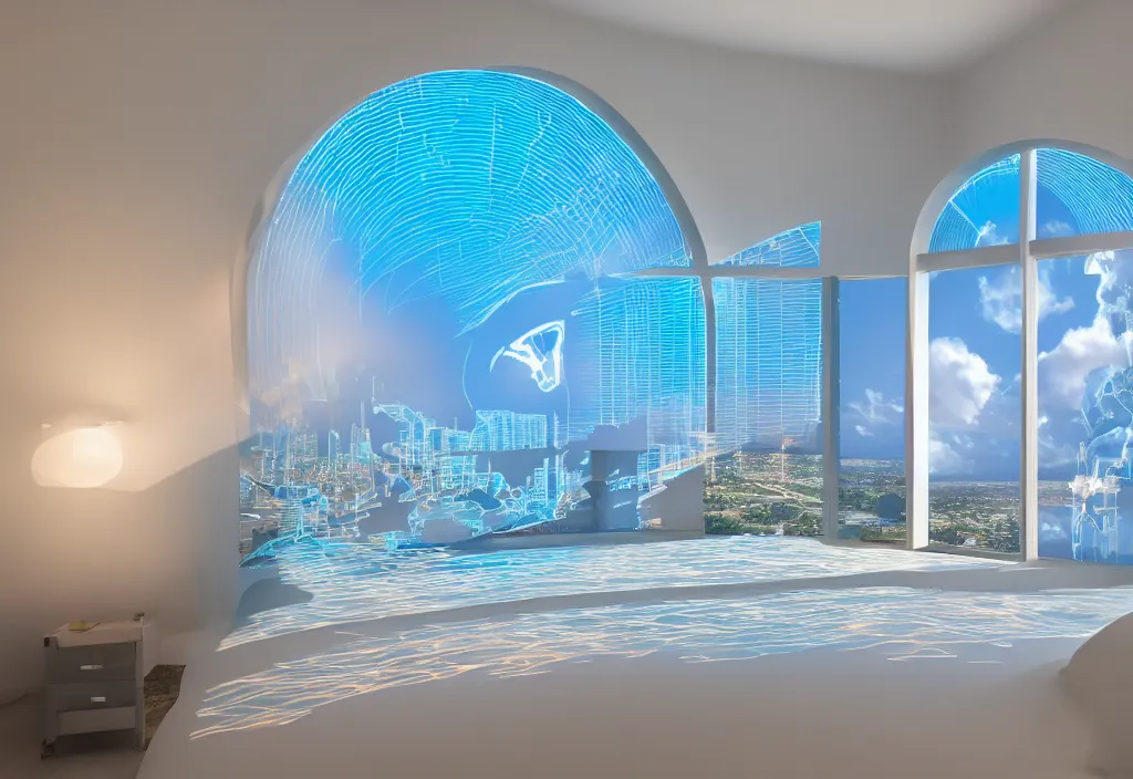 Image similar to curved translucent windows projecting florida holographic weathermap, pixel perfect photograph, high contrast, volumetric lighting, thin glowing lights, bedroom, visor, users, pair of keycards on table