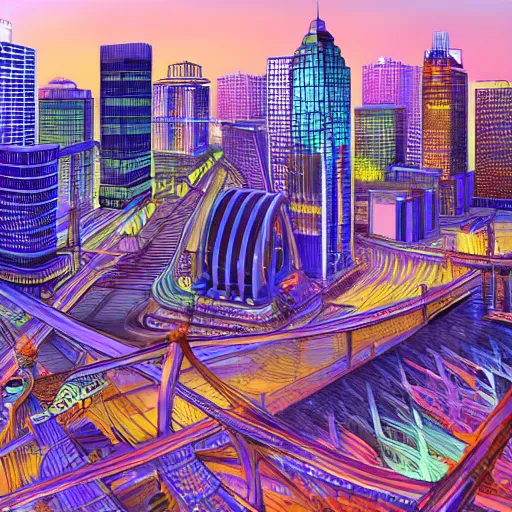 Prompt: milwaukee skyline highly detailed, award-winning digital art in the style of Android Jones