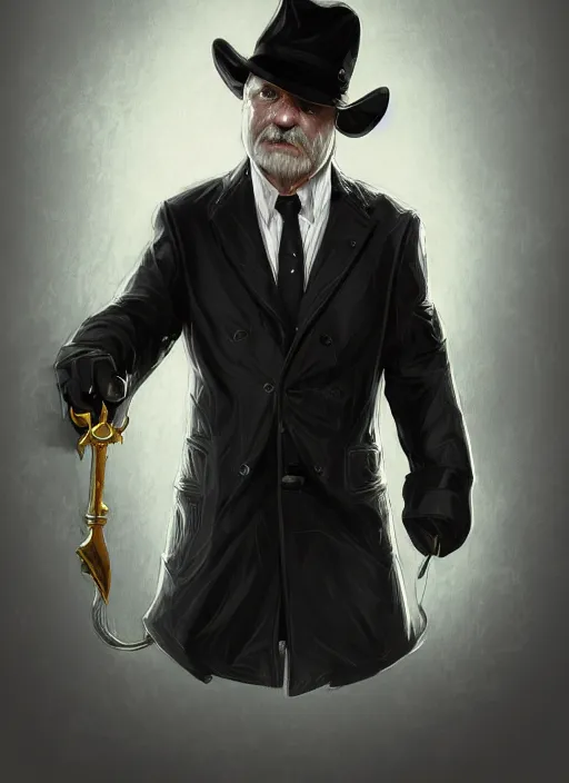 Image similar to a highly detailed illustration of 6 7 year - old clean - shaven chubby white man wearing black detective coat with necktie, heroic pose, strings background, intricate, elegant, highly detailed, centered, digital painting, artstation, concept art, smooth, sharp focus, league of legends concept art, wlop.