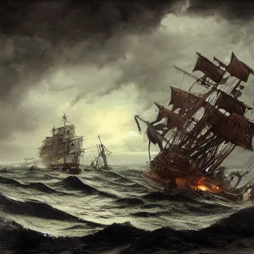 lot of pirate ships fighting a kraken monster during a | Stable ...