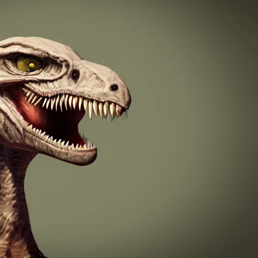 Image similar to cute velociraptor with feather, pet, realistic, digital art, ray traced, octane render