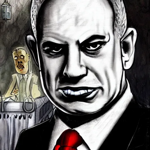 Image similar to a portrait of benjamin netanyahu as dracula, tim burton style