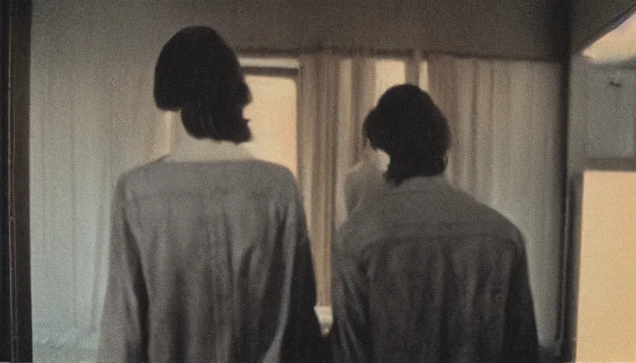 Prompt: 7 0 s film still from a horror movie of two young adults standing in profile and facing each other looking downwards while standing in a liminal space, kodachrome, cinecolor, cinestill, photorealism, cinematic, film grain, film texture, vhs recording