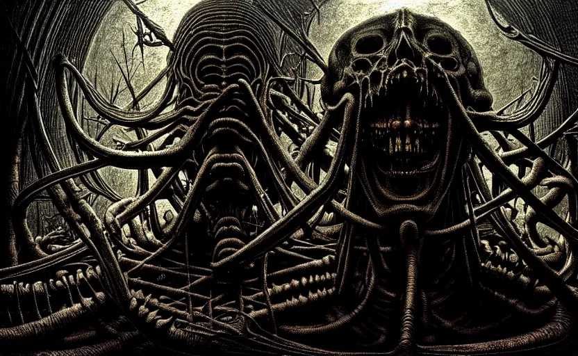 Prompt: an extremely detailed masterpiece of nightmares'and horrors, inspired by hr giger - moebius - leonardo da vinci, digital art, moody lighting, apocalyptic, epic scene, extremely moody lighting, glowing light and shadow, 4 k