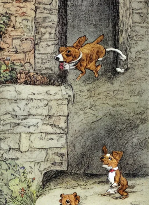 Image similar to jack russel terrier jumping on brick structure, illustrated by peggy fortnum and beatrix potter and sir john tenniel