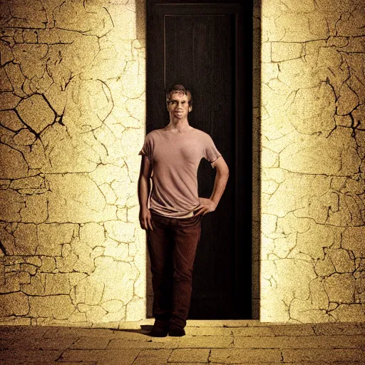 Image similar to man standing in a completely dark room in front of huge stone door slightly open and light is shining through, digital art