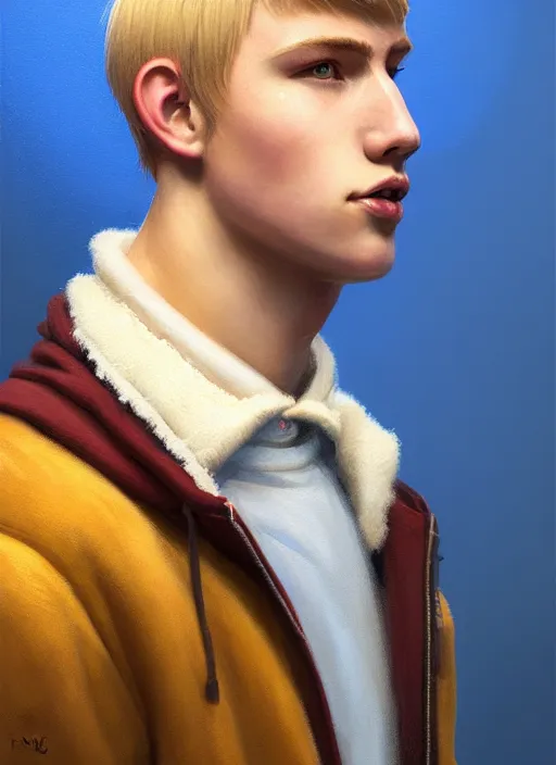 Image similar to portrait of a high school senior boy named big moose, blonde short hair, jock, beefy, wide face, square jaw, square facial structure, blue varsity jacket, intricate, elegant, glowing lights, highly detailed, digital painting, artstation, concept art, smooth, sharp focus, illustration, art by wlop, mars ravelo and greg rutkowski