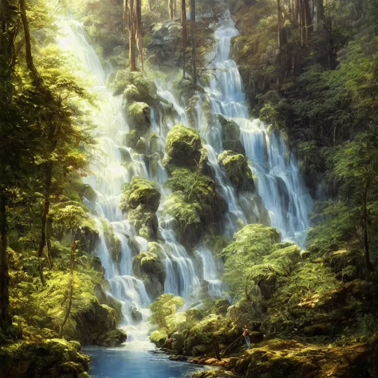 Prompt: A beautiful oil painting of a very tall waterfall on a very rocky cliff, in the middle of a huge forest of trees with bright blue glowing leaves, by Greg Rutkowski