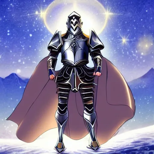 Image similar to paladin wearing silver amour with mirror finish, wielding a longsword that gleams like the sun. he is wearing a teutonic helmet, inside his eyes glow like the sun. background of snowy mountains. anime.