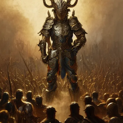 Prompt: artstation concept of a god in armor standing in a crowd gettig cheered, man with arms wide open, bright colorful, gold, hyperdetailed, artstation trending, world renowned artists, worth 1 0 0 0. com, historic artworks society, antique renewel, cgsociety, by greg rutkowski, by gustave dore, deviantart
