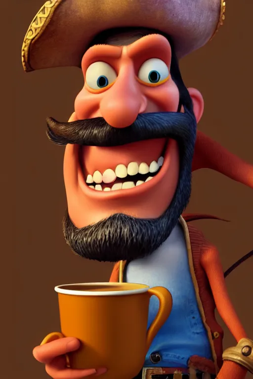 Prompt: portrait of the pirate blackbeard very expressive holding a cup of coffee, full body with a pirate ship on background. pixar disney 4 k 3 d render funny animation movie oscar winning trending on artstation and behance. ratatouille style.