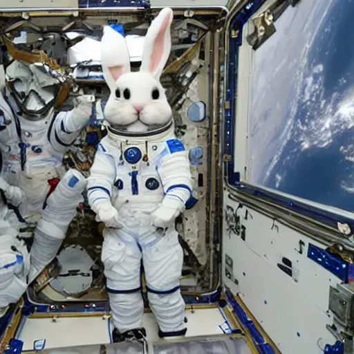 Prompt: a bunny inside the international space station ( iss )