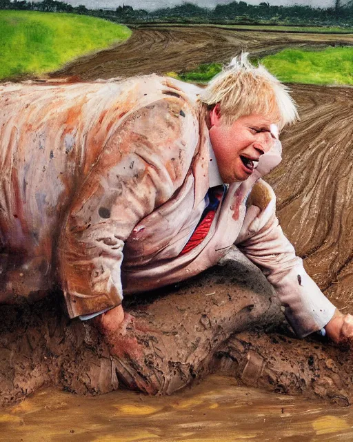 Prompt: a painting of uk politician former prime minister boris johnson rolling around in a pig pen covered in mud, 4 k detail