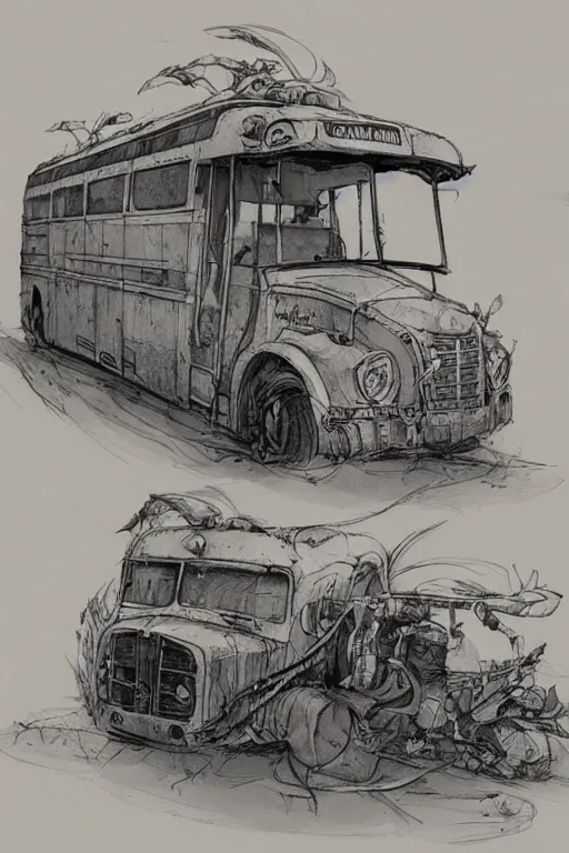 Image similar to bus concept art illustration by jean baptiste monge trending on artstation