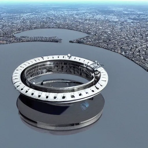 Prompt: a giant ring-shaped space station encircling a modern city floating above the city, the ring is horizontal, surrounding the city, cinematic