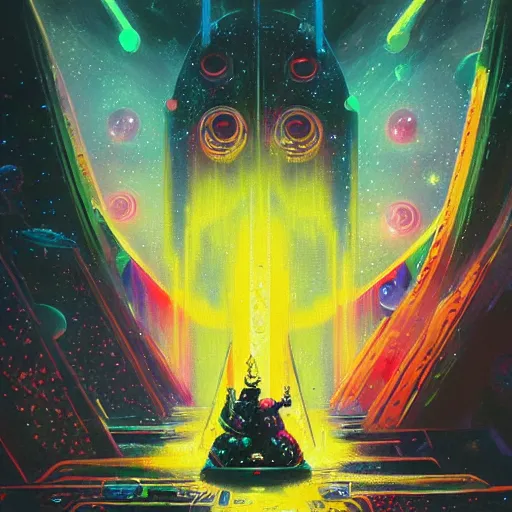 Prompt: epic illustration of Christopher Lloyd as a space wizard by Paul Lehr, detailed, space opera, screen print