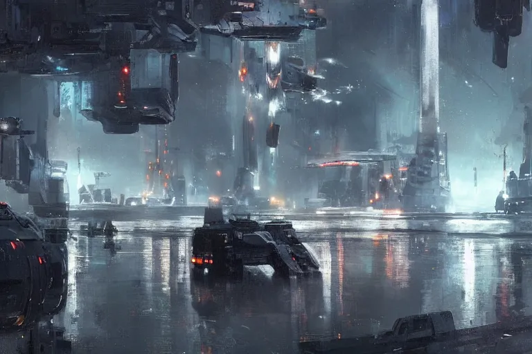Prompt: sci - fi landscape dark spaceships docking overcast rainstorm!! spotlights, cargo loading cranes columns towers by wadim kashin
