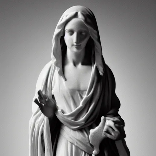 Image similar to a well-lit detailed studio photo of a marble sculpture of Mary dressed in robes with her hair covered, holding the body of Jesus by Antonio Canova