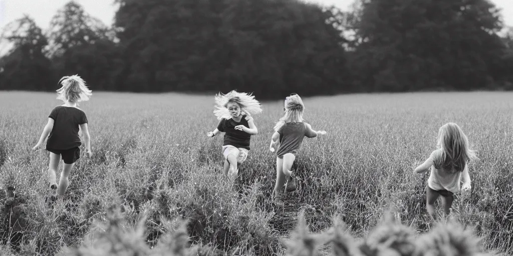 Prompt: a black and white photograph of 2 children running through a field of cannabis plants towards the camera, in the british countryside on a dusky summer evening, analogue photography, film grain, kodachrome, high contrast