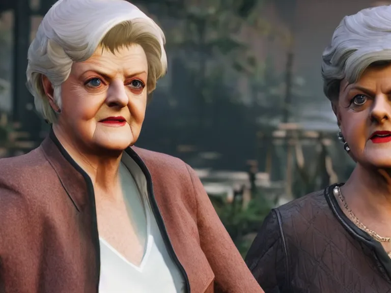 Image similar to Angela Lansbury\'s Jessica Fletcher in Mortal Kombat 11, Ps5, in-game cinematic, HQ graphics settings, 4k