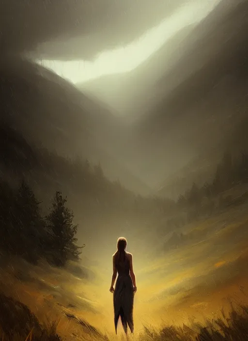 Prompt: epic portrait cinematic shot an female standing infront of an giant in the hills, cloudy, foggy, storm, lighting strikes, fine details. night setting. realistic shaded lighting poster by craig mullism, artgerm, jeremy lipkin and michael garmash, unreal engine, radiant light, detailed and intricate environment, digital art, trending on art station,