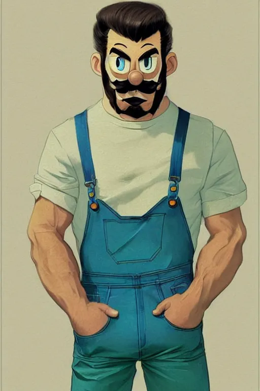 Image similar to gigachad luigi wearing a blue shirt and green overalls by ilya kuvshinov, bodybuilder ernest khalimov, super mario bros symmetrical face concept art, hyper realistic, intricate, elegent, highly detailed, digital painting, concept art, smooth, sharp, focus, illustration, art by artgerm and greg rutkowski and alphonse mucha, artstation