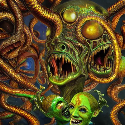 Image similar to a crazy and extraterrestrial hyper - detailed high painting of giant heads joined by snakes, the heads are open they have spiked scales and sharp teeth, the mouth is open and monstrous beings of all kinds run and scream, psychedelic horror surreal art cosmic horror weird bizarre art, cry engine octane render