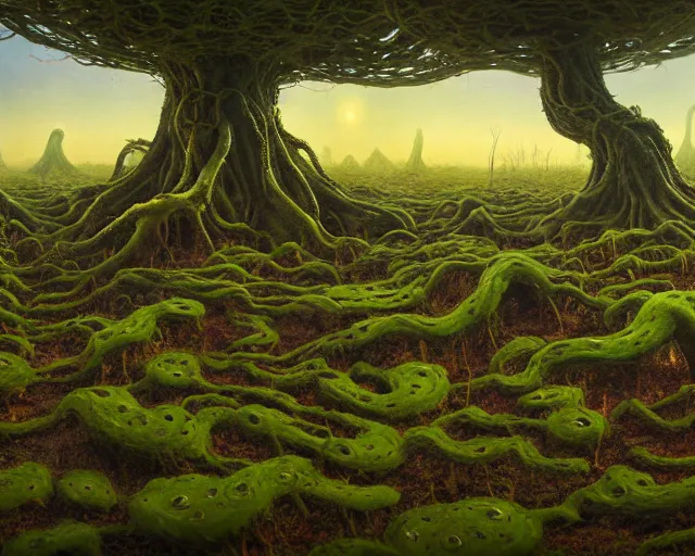 Image similar to A surreal swampy landscape with tall tentacular roots rising out of the ground like an alien planet, no vegetation except for small plants, wide-angle lens effect, creeper, low-poly, cinematic. 16k render. Impressionist painting style. Matte painting, hyperrealistic, photorealism, detailed. HDR lighting. Widescreen format, HDR. Film grain. Wide screen format, HDR.