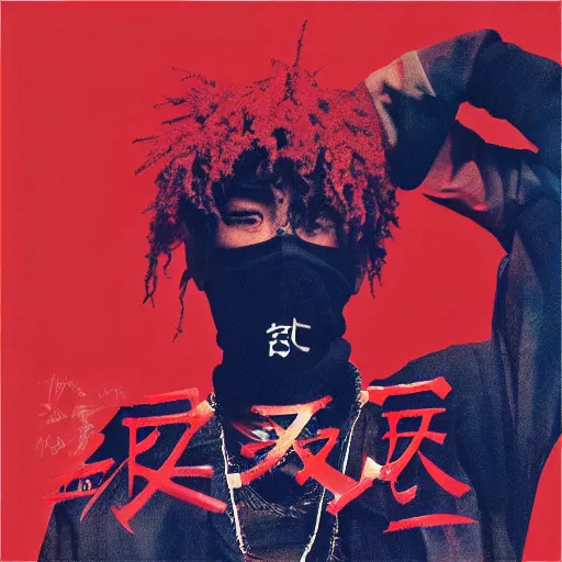 Image similar to random japanese words in the red and blue color as scarlxrd album cover