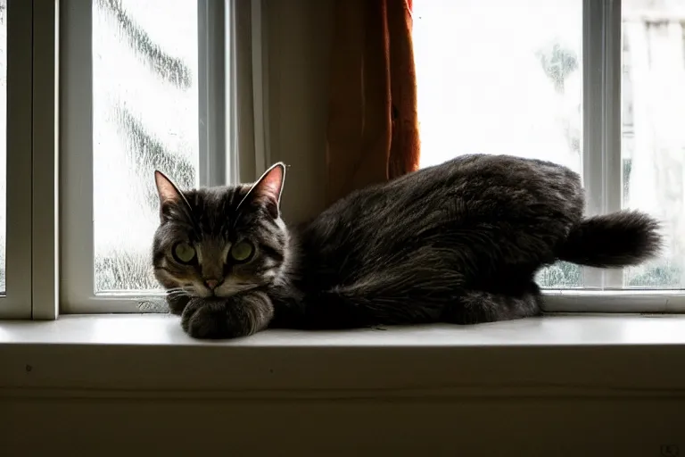 Image similar to cat sitting on the windowsill wrapped in a plaid plaid, Mushroom cloud far behind