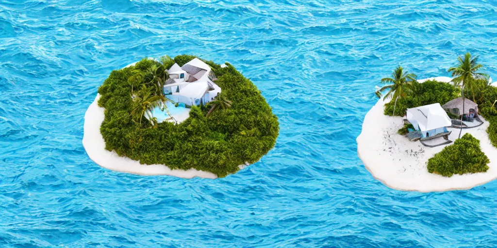 Prompt: hyperrealistic photo of an small island with white beach, water full of fish and a modern house on it