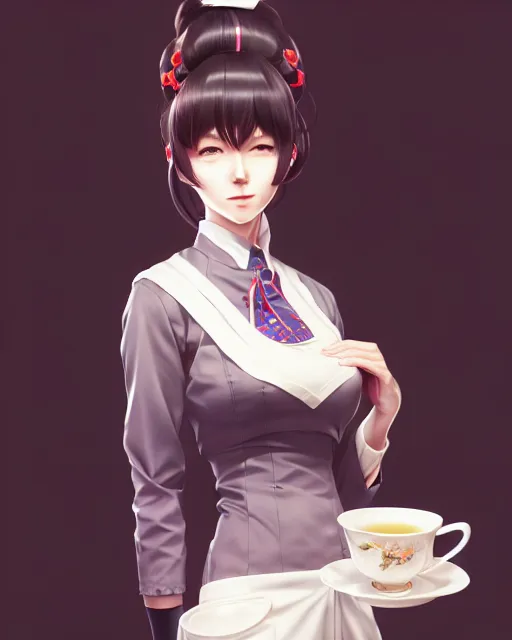 Prompt: full body shot of a beautiful tea hostess woman in work attire, art by saruei and guweiz and ilya kuvshinov, digital art, highly detailed, intricate, sharp focus, trending on artstation hq, deviantart, pinterest, unreal engine 5, 4 k uhd image