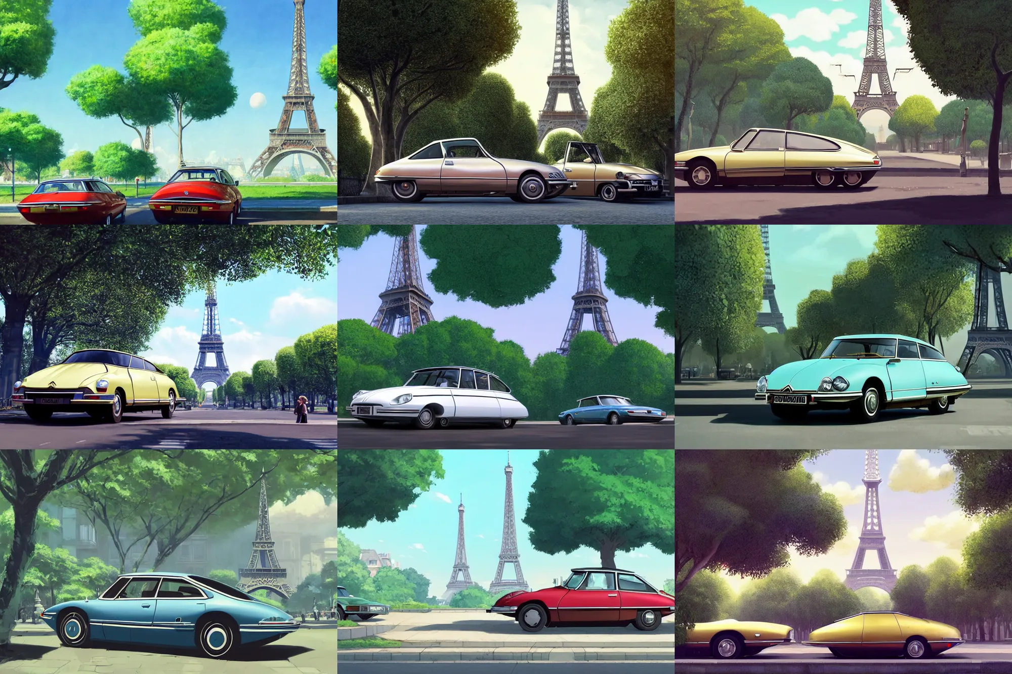 Prompt: a wholesome beautiful animation key shot of!! one!! focused!! 1 9 7 4 citroen ds!! in a tree lined paris street,!! one eiffel tower!!, medium shot, studio ghibli, ( pixar ) and disney animation, sharp, very detailed, high resolution, rendered in unreal engine 5, anime key art by greg rutkowski, bloom, dramatic lighting