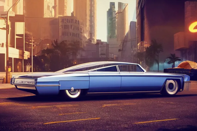 Prompt: 3 5 mm low angle photo concept science fiction car 1 9 6 4 tesla cadillac sixteen on a city street, gta 5, hyper detailed, smooth, high contrast, volumetric lighting, octane, jim lee, giorgetto giugiaro, craig mullins, chris bangle, ian callum!, miami synthwave, moebius, vibrant rich deep color, comic book