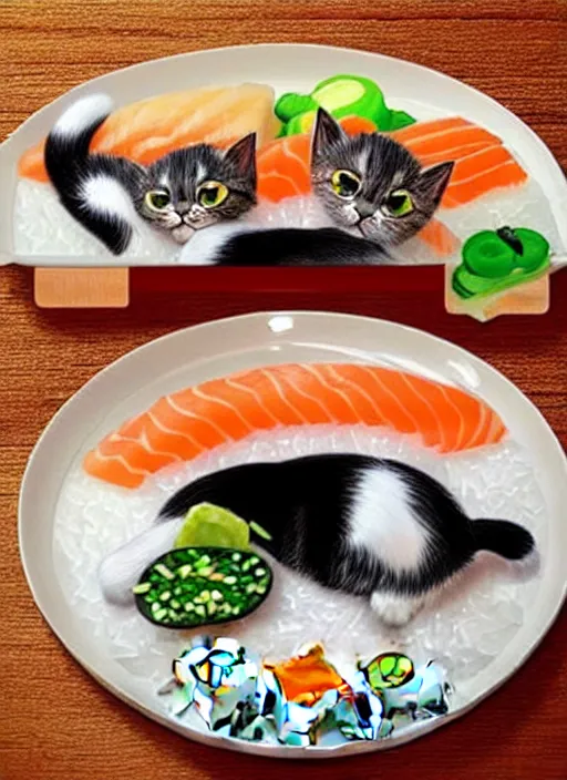 Prompt: clear photorealistic picture of adorable cats made out of sushi, sitting on sushi plates, additional sushi