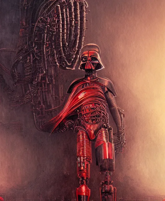 Image similar to a red steampunk darth vader with mechanical tendrils resembling spinal columns extending from his body, by HR Giger and Beksiński and Stephan Martiniere , 4k resolution, detailed, trending on artstation