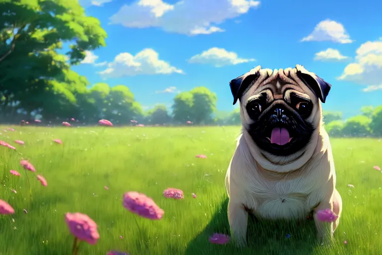 Image similar to a happy pug, single subject, peaceful flower meadow with some trees in the background, scenic full shot, ambient lighting, detailed face, by makoto shinkai, stanley artgerm lau, wlop, rossdraws