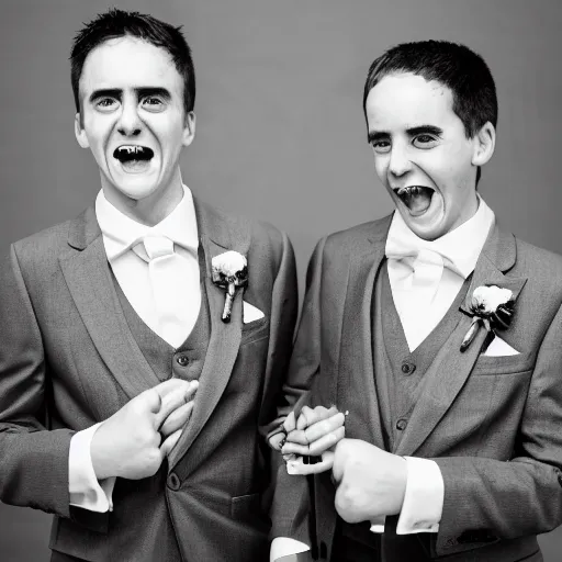 Image similar to two deformed weirdo brothers dressed for a wedding. Photograph.