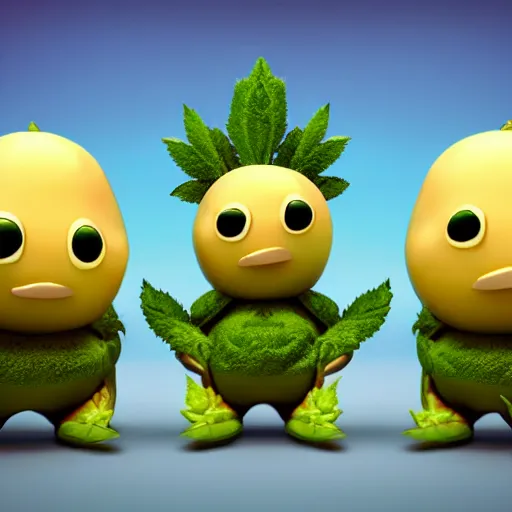 Image similar to a cinematic blender render of a cute marijuana nug character in candy edibles world