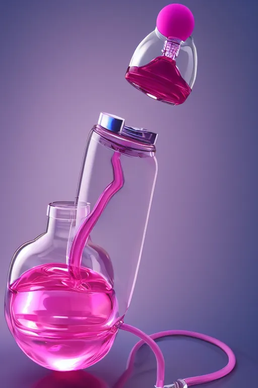 Image similar to Pink Vapor Inhalation Machine Connected to a Spherical Bottle of Pink Liquid by a Tube, Pink Vapor Leaking from an Oxygen Mask, beautiful woman, fantasy, magic, ultra detailed, digital art, trending on artstation, illustration, medical laboratory