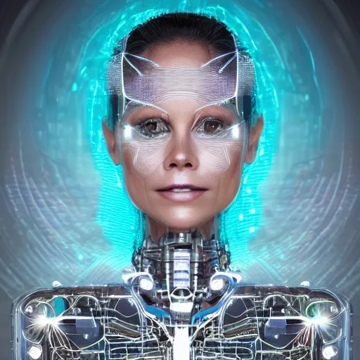 Image similar to beautiful Fine art photo portrait of young sweaty Brooke Burke as a solarpunk robotic goddess, white mechanical parts with led lights, photorealistic, white background, highly detailed and intricate, sun lighting, 8k