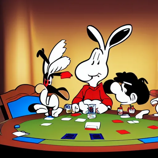 Prompt: a highly detailed vector picture of bugs bunny and captain cruch and snoopy and bender playing poker, octane render, 4 k resolution, trending on artstation, masterpiece