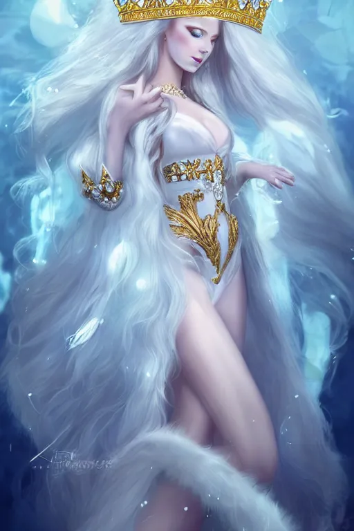 Image similar to Beautiful Queen!!, white long hair, sky blue eyes, tight white silk dress, white long gloves, bear foot, crown made of gold and diamonds, intricate, fantasy, elegant, artstation, hard focus vivid colours