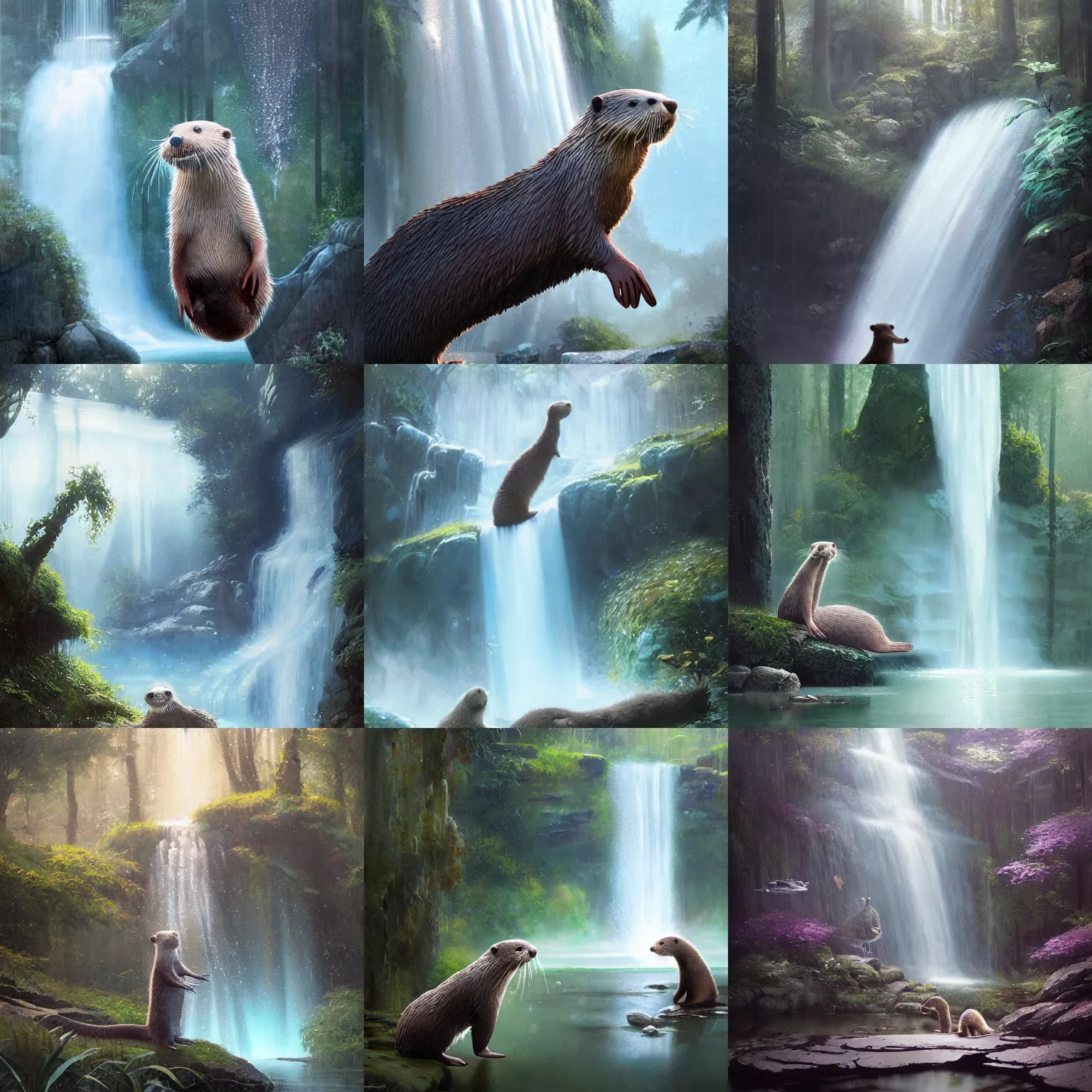 Prompt: A cute otter playing in front of a huge ethereal waterfall by Greg Rutkowski,