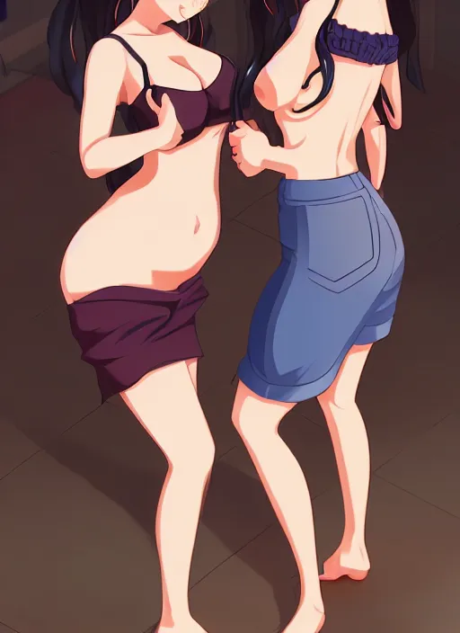 Image similar to two beautiful mothers taunting each other, summer clothes, gorgeous faces, smooth, thick lines, cinematic lighting, detailed anime art