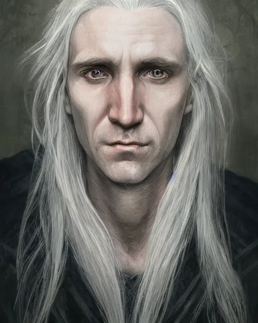 Image similar to portrait of 4 0 - year - old man with long white hair with a pale complexion, malfoy lucius, clear face, pointed face and grey eyes, hyper realistic face, beautiful eyes, fantasy art, in the style of greg rutkowski, intricate, alphonse mucha, hyper detailed, smooth