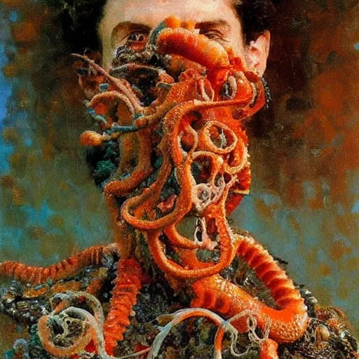 Prompt: a sculpture portrait made of seaweed and coral and shells and octopus, painting part by wojciech siudmak, part by ilya repin, part by max ernst, part by norman rockwell, artstation