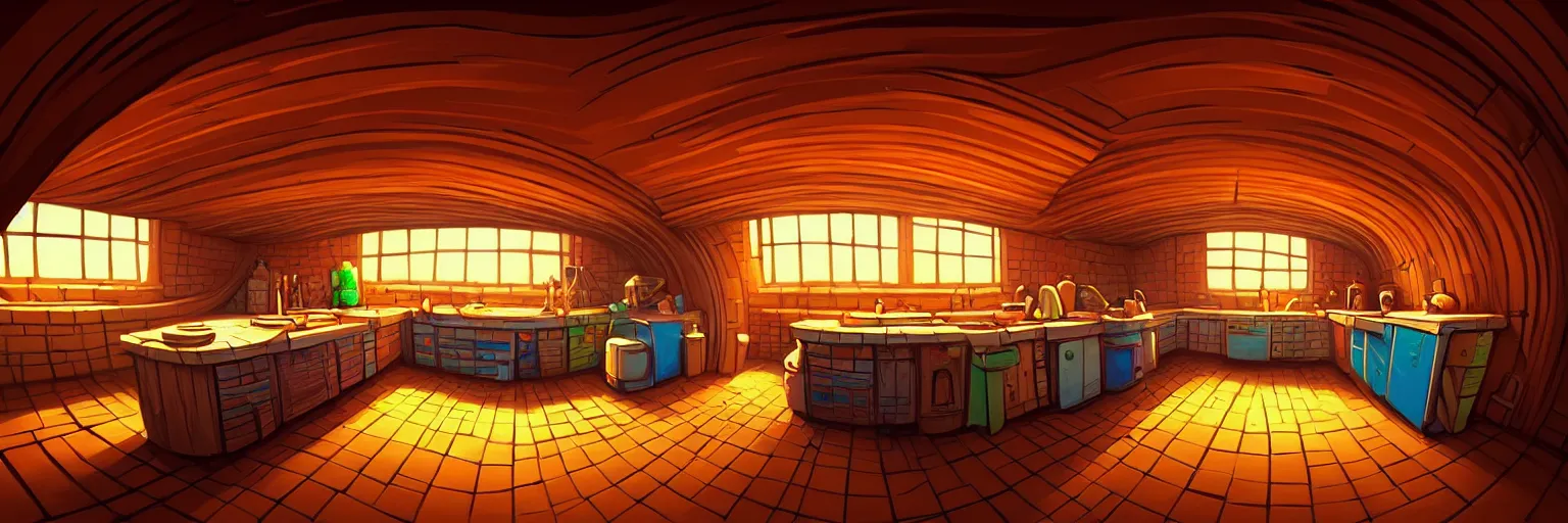 Image similar to underground, fisheye spiral lines, naive, extra narrow, detailed illustration of a basement kitchen, large floor, dimly lit by rhads from lorax movie, trending artstation, wood texture