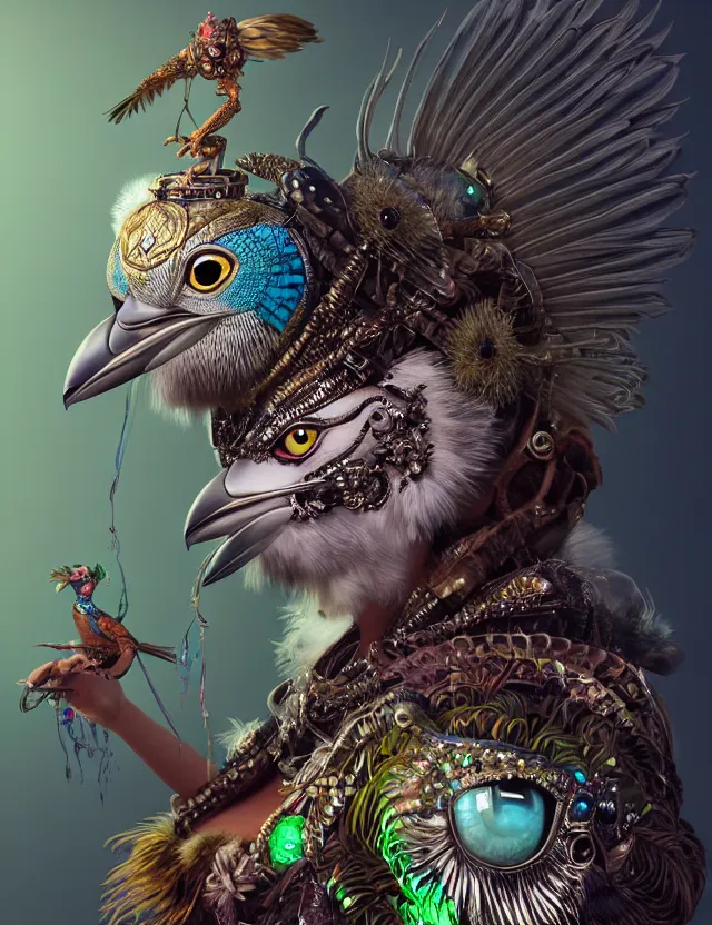 Image similar to 3 d goddess wide angle portrait with feathers, fur, and bones. beautiful intricately detailed kookaburra mask and retrowave sorceress outfit. lizard scales, reflective chitin, optical mineralogy, songlines, plasma, creature, artwork by tooth wu and android jones wlop and android jones and beeple and greg rutkowski