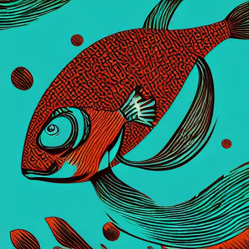 Image similar to profile of one stylized fish in center of view, dark ocean, complex patterns, artstation, intricate, realistic, highly detailed, digital painting, concept art, sharp focus, illustration by tom whalen and charles williams and kilian eng and james jean